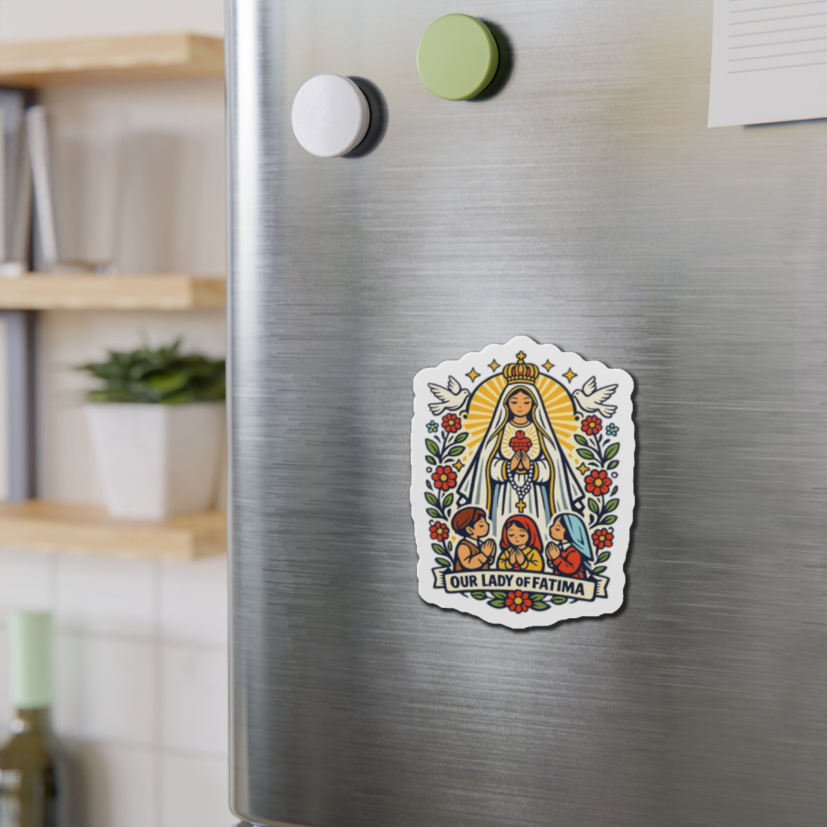 Our Lady of Fatima Die-Cut Magnet — Catholic Folk Art Fridge Magnet