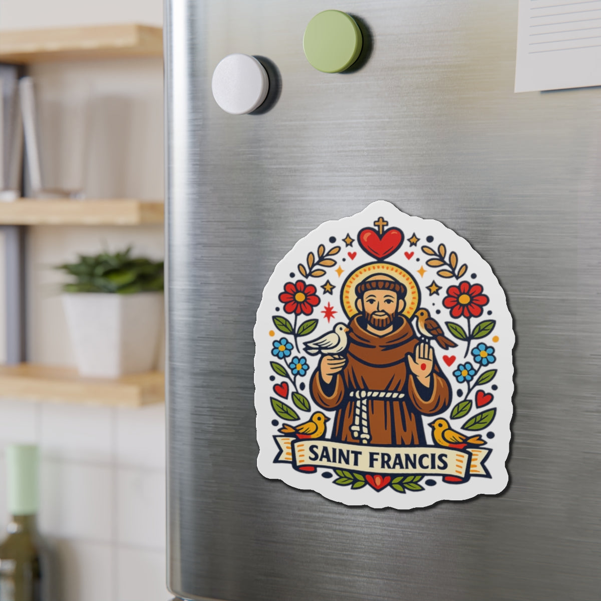 Saint Francis of Assisi Die-Cut Magnet — Catholic Folk Art Fridge Magnet