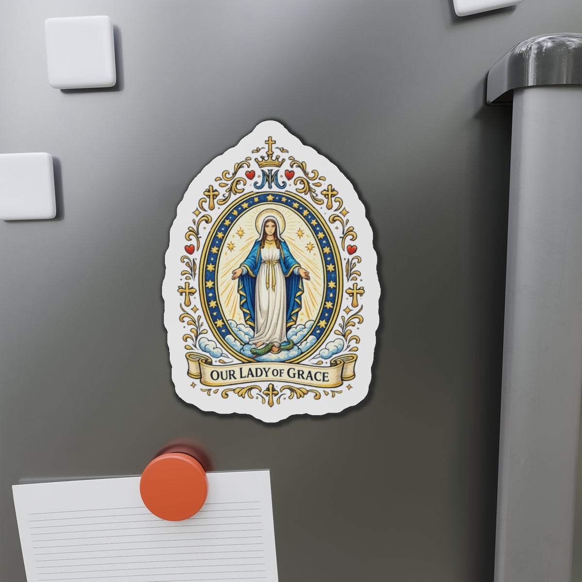 Our Lady of Grace Die-Cut Magnet — Catholic Folk Art Fridge Magnet