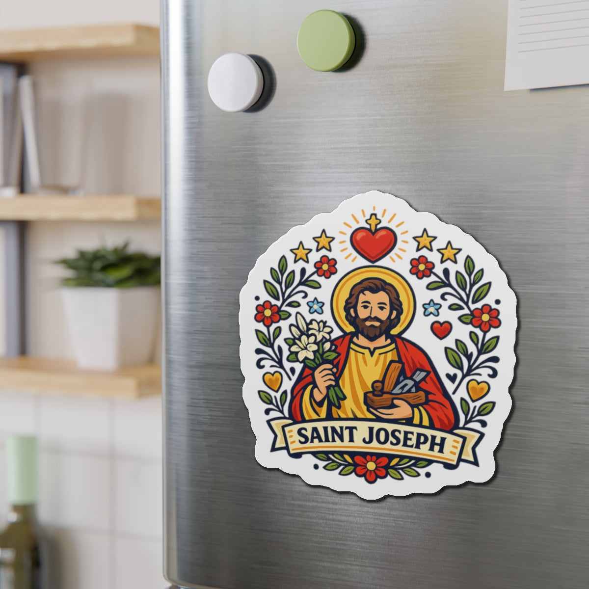 Saint Joseph Die-Cut Magnet — Catholic Folk Art Fridge Magnet
