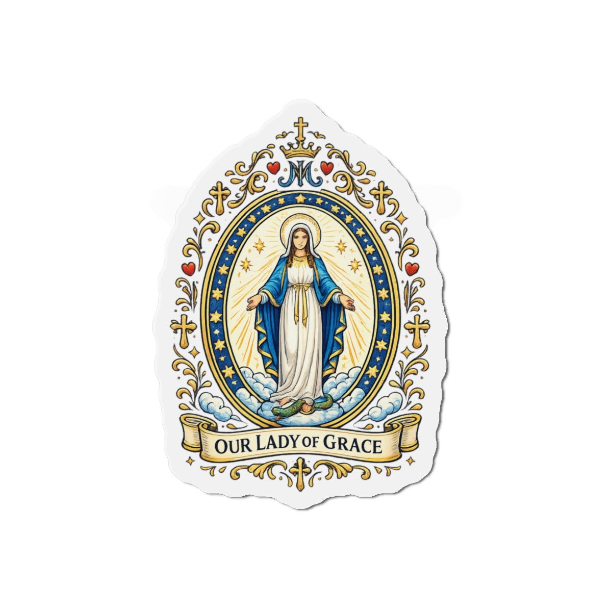 Our Lady of Grace Die-Cut Magnet — Catholic Folk Art Fridge Magnet