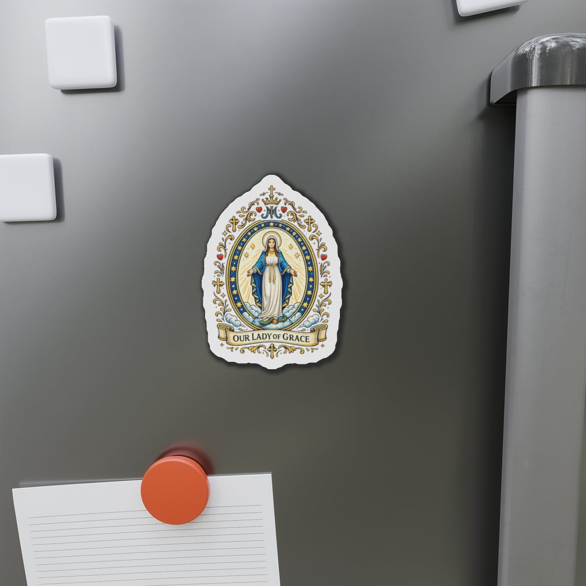 Our Lady of Grace Die-Cut Magnet — Catholic Folk Art Fridge Magnet