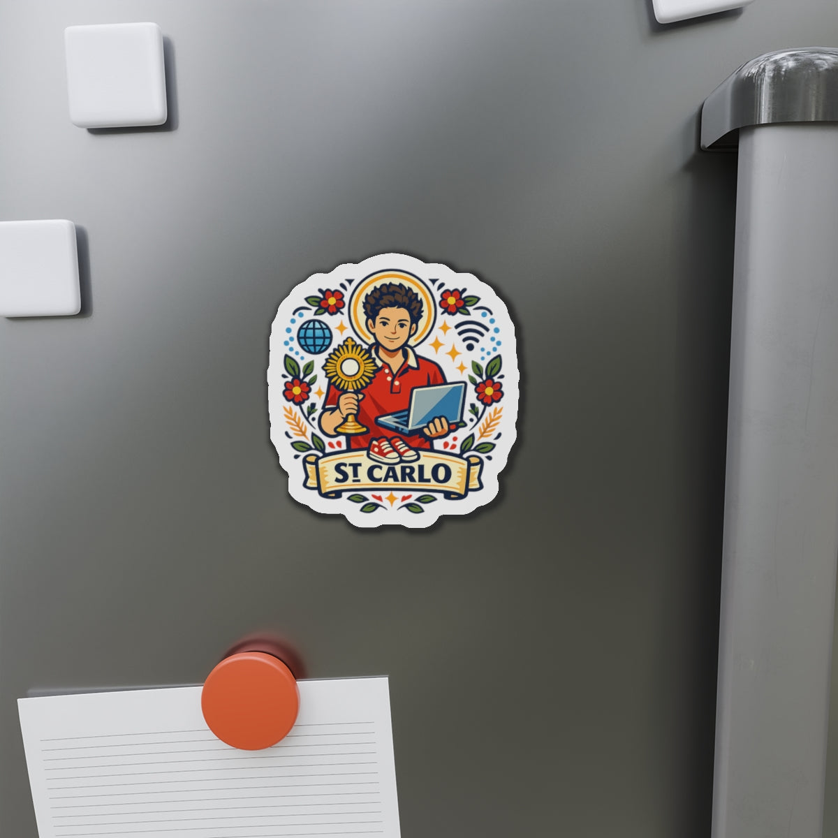 Saint Carlo Acutis Die-Cut Magnet — Catholic Folk Art Fridge Magnet