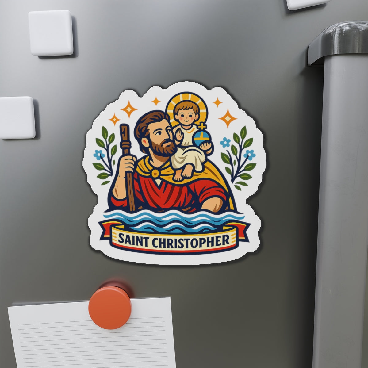 Saint Christopher Die-Cut Magnet — Catholic Folk Art Fridge Magnet