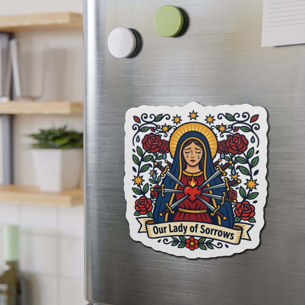 Our Lady of Sorrows Die-Cut Magnet — Catholic Folk Art Fridge Magnet