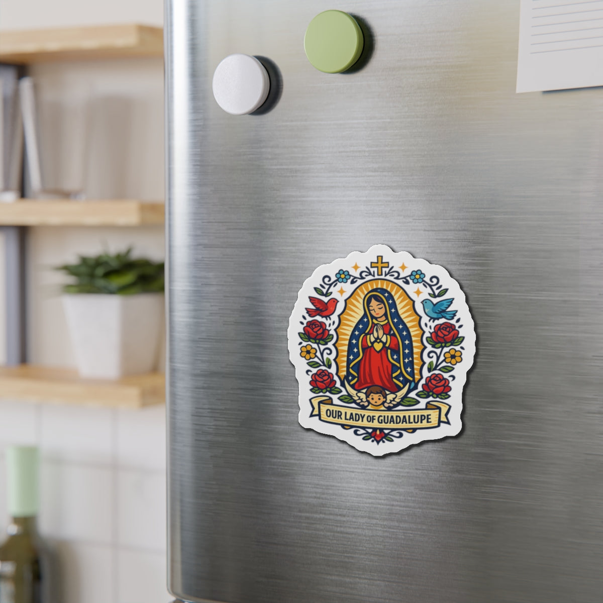Our Lady of Guadalupe Die-Cut Magnet — Catholic Folk Art Fridge Magnet