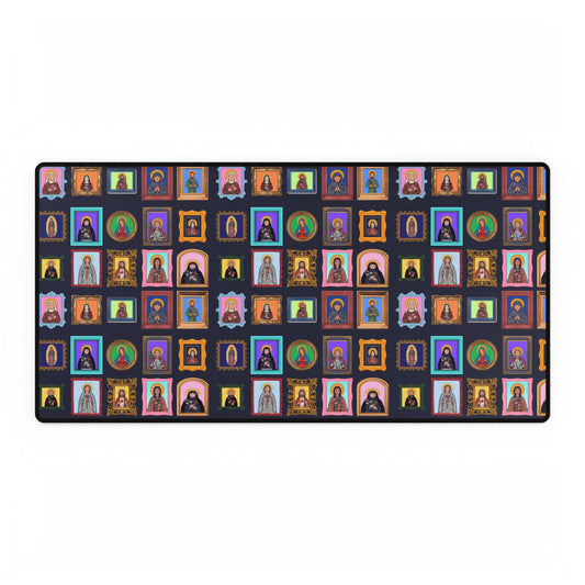 Heaven's Gallery Desk Mat — Catholic Saints Folk Art (Navy)