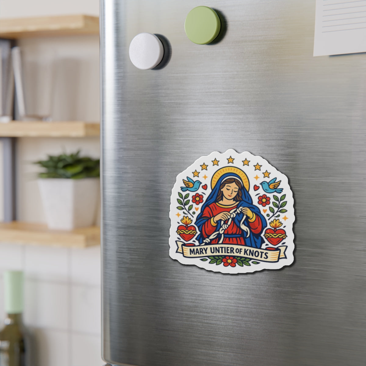 Mary Untier of Knots Die-Cut Magnet — Catholic Folk Art Fridge Magnet