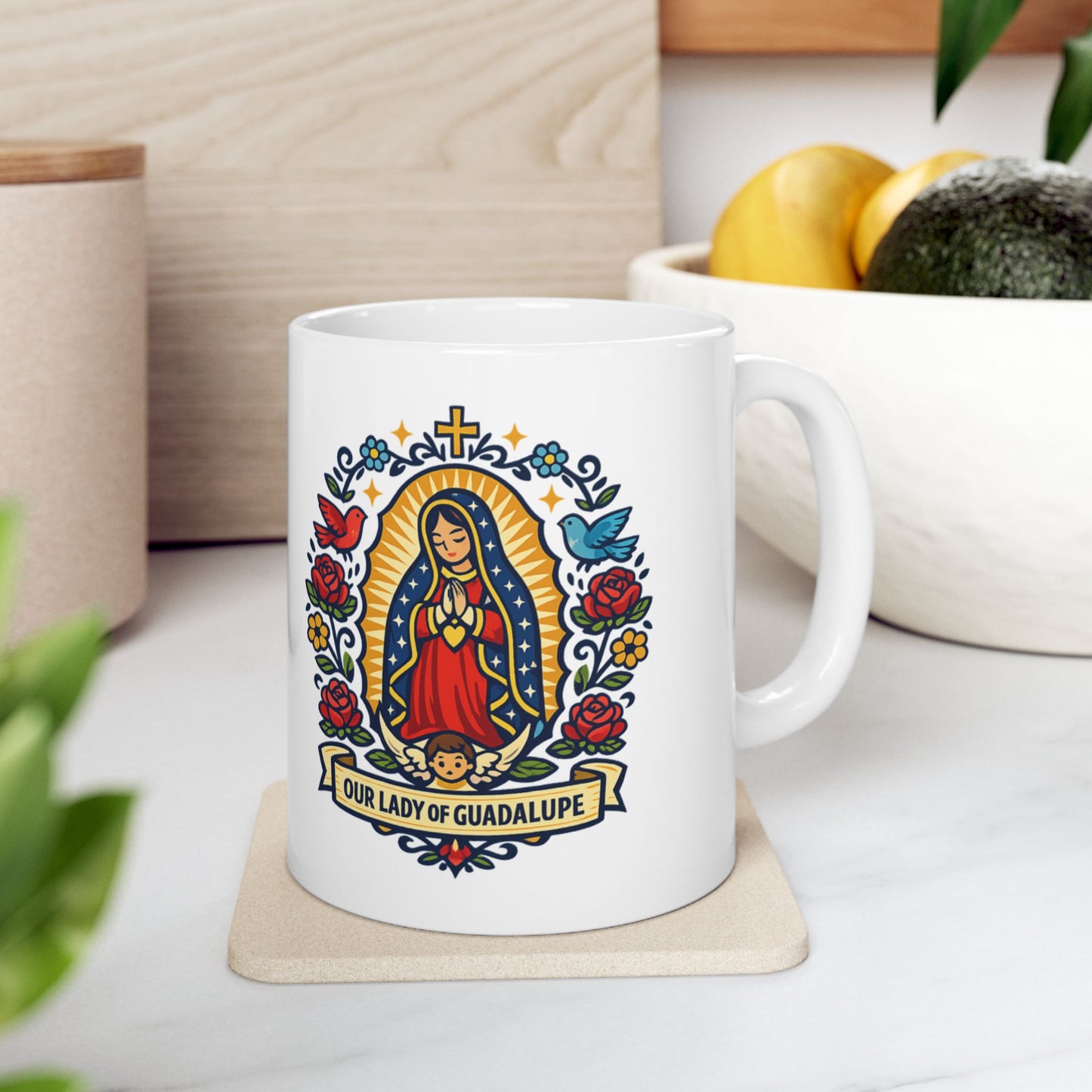 Our Lady of Guadalupe Mug — "Wrap Us in Your Mantle of Love"