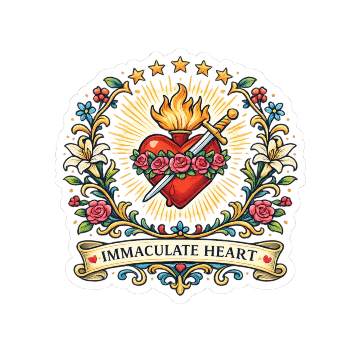 Immaculate Heart of Mary Kiss-Cut Sticker — Catholic Folk Art Decal