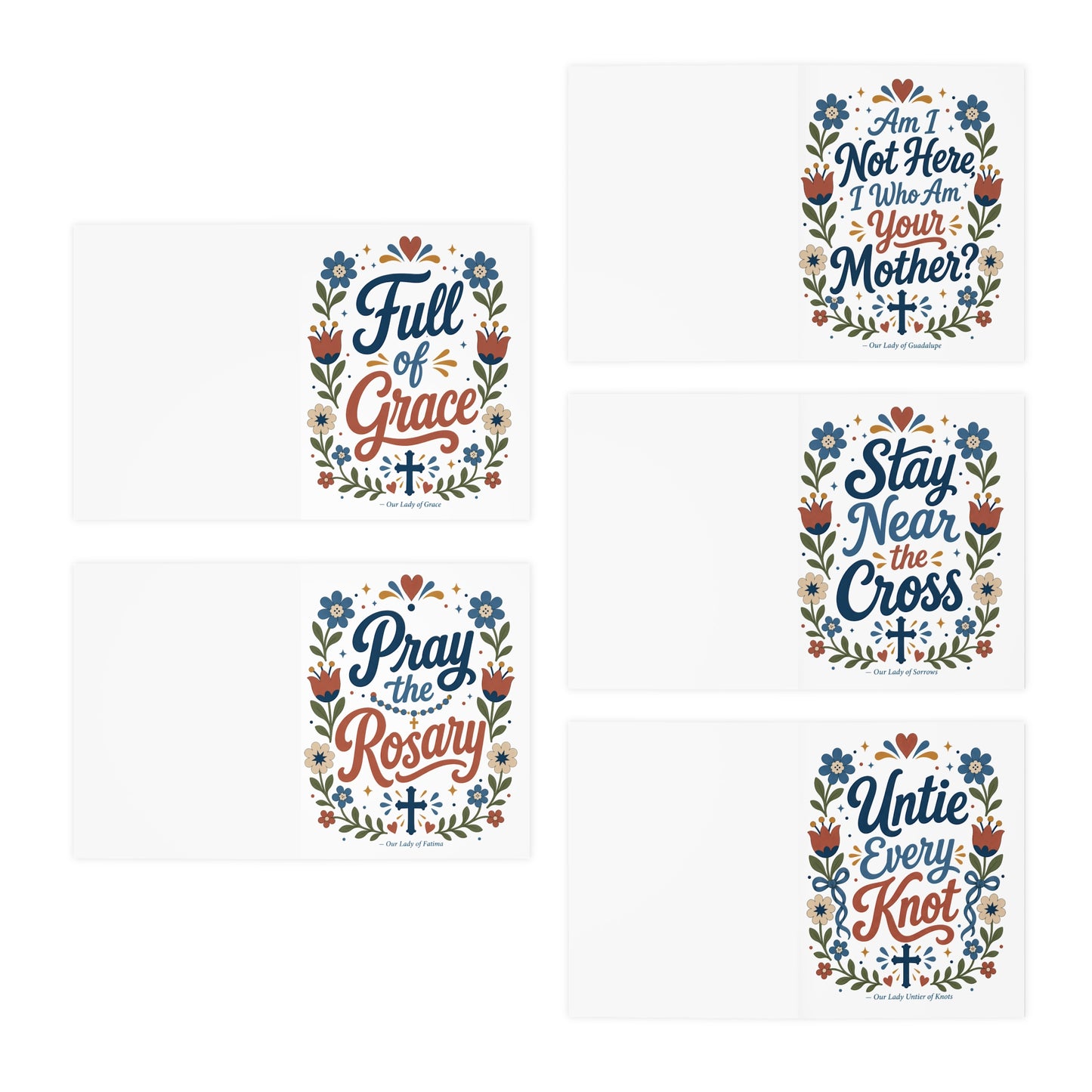 Marian Devotional blank Greeting Cards 5-Pack — Stay Near the Cross, Pray the Rosary, Unite Every Knot