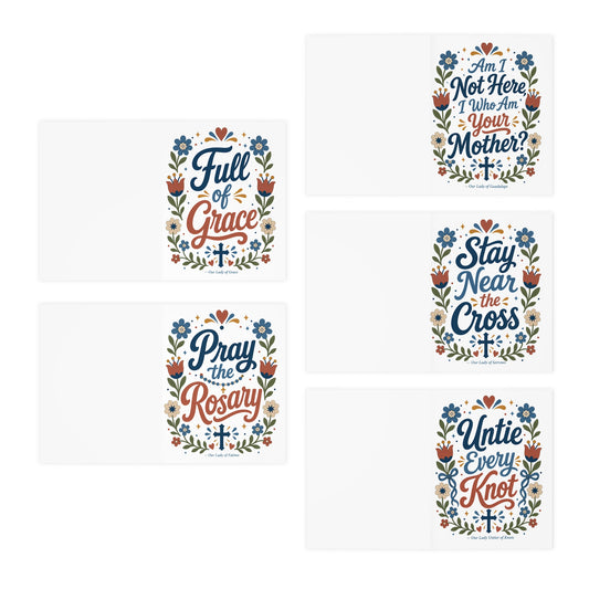 Marian Devotional blank Greeting Cards 5-Pack — Stay Near the Cross, Pray the Rosary, Unite Every Knot