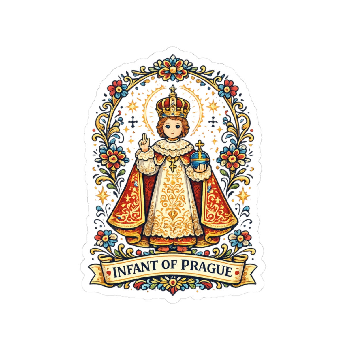Infant of Prague Kiss-Cut Sticker — Catholic Folk Art Decal