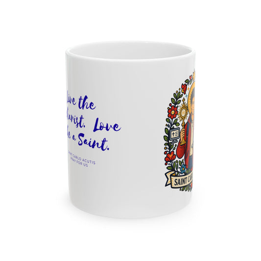 Saint Carlo Acutis Mug — "Live the Eucharist, Love Like a Saint"