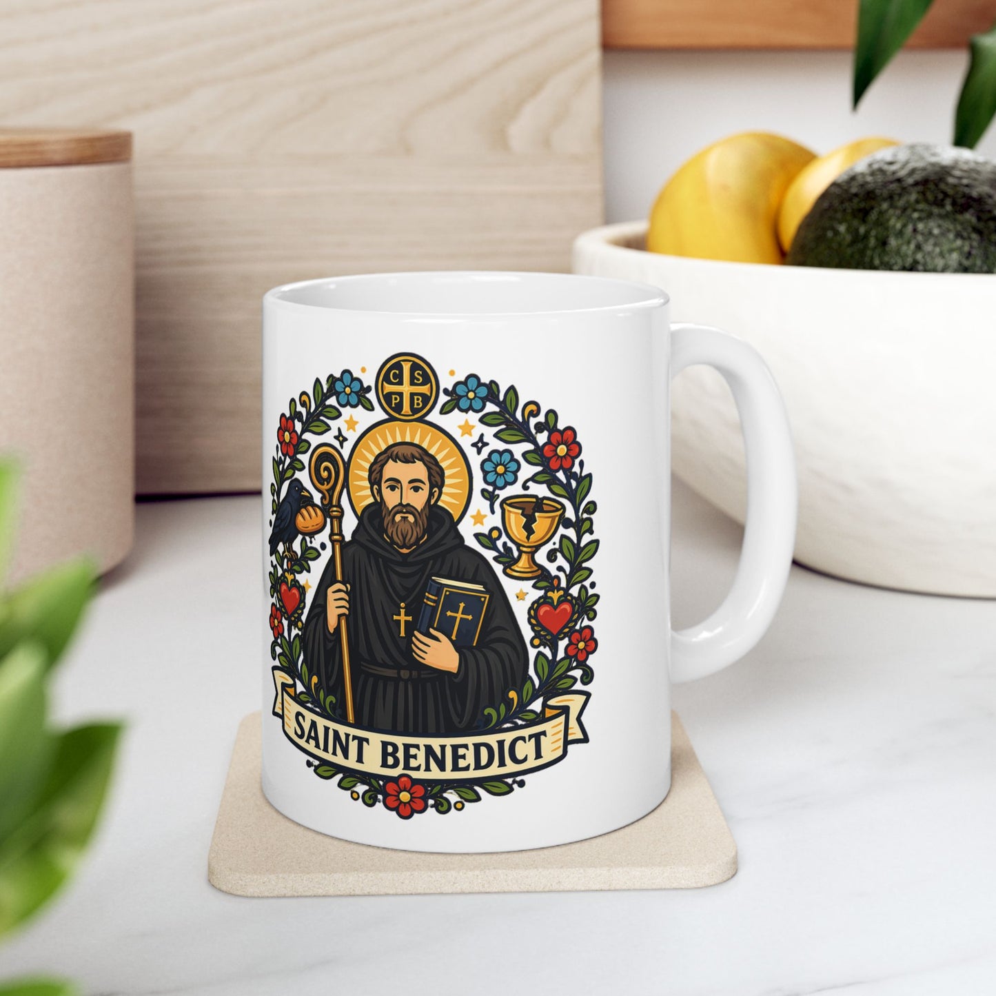 Saint Benedict Ceramic Mug — "Ora et Labora" Catholic Coffee Cup