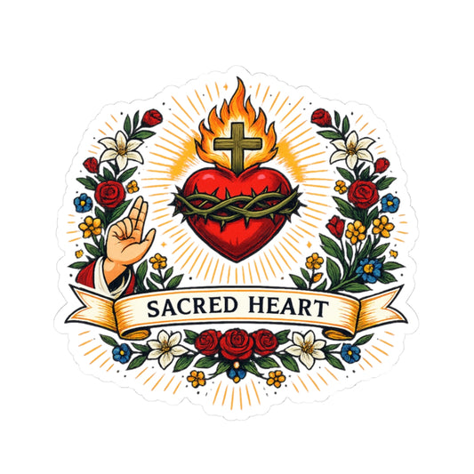 Sacred Heart of Jesus Kiss-Cut Sticker — Catholic Folk Art Decal