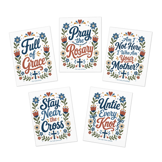 Marian Devotional blank Greeting Cards 5-Pack — Stay Near the Cross, Pray the Rosary, Unite Every Knot