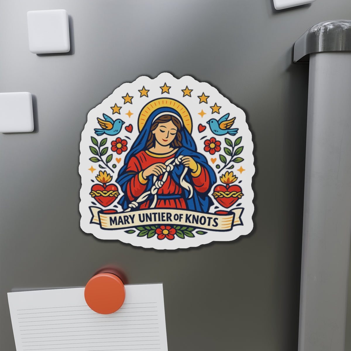 Mary Untier of Knots Die-Cut Magnet — Catholic Folk Art Fridge Magnet