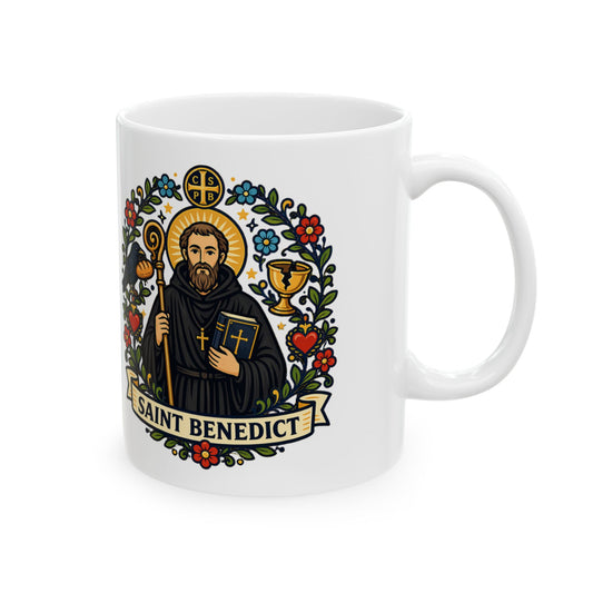 Saint Benedict Ceramic Mug — "Ora et Labora" Catholic Coffee Cup