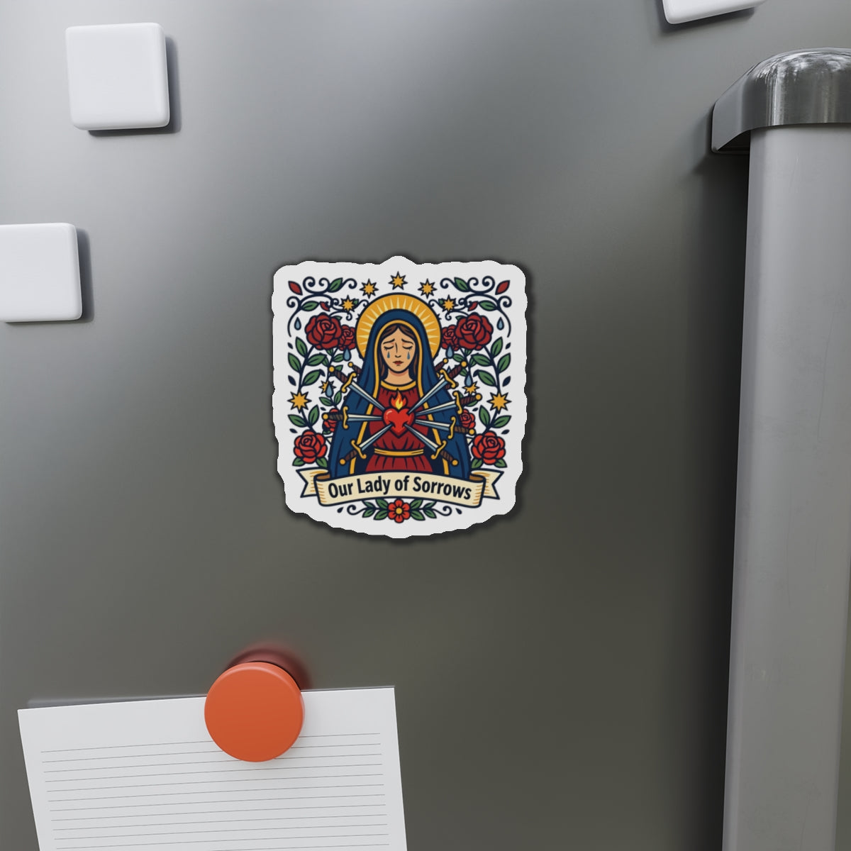 Our Lady of Sorrows Die-Cut Magnet — Catholic Folk Art Fridge Magnet