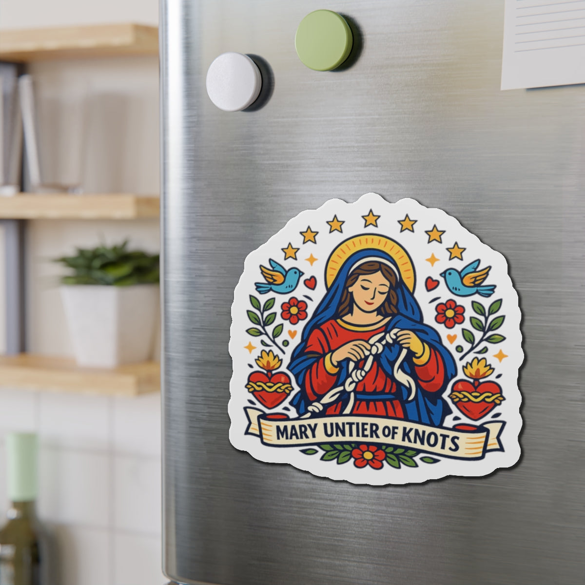 Mary Untier of Knots Die-Cut Magnet — Catholic Folk Art Fridge Magnet