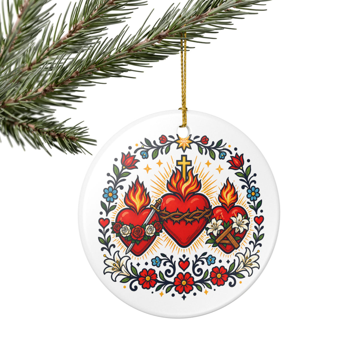 Three Hearts of the Holy Family Catholic Christmas Ornament