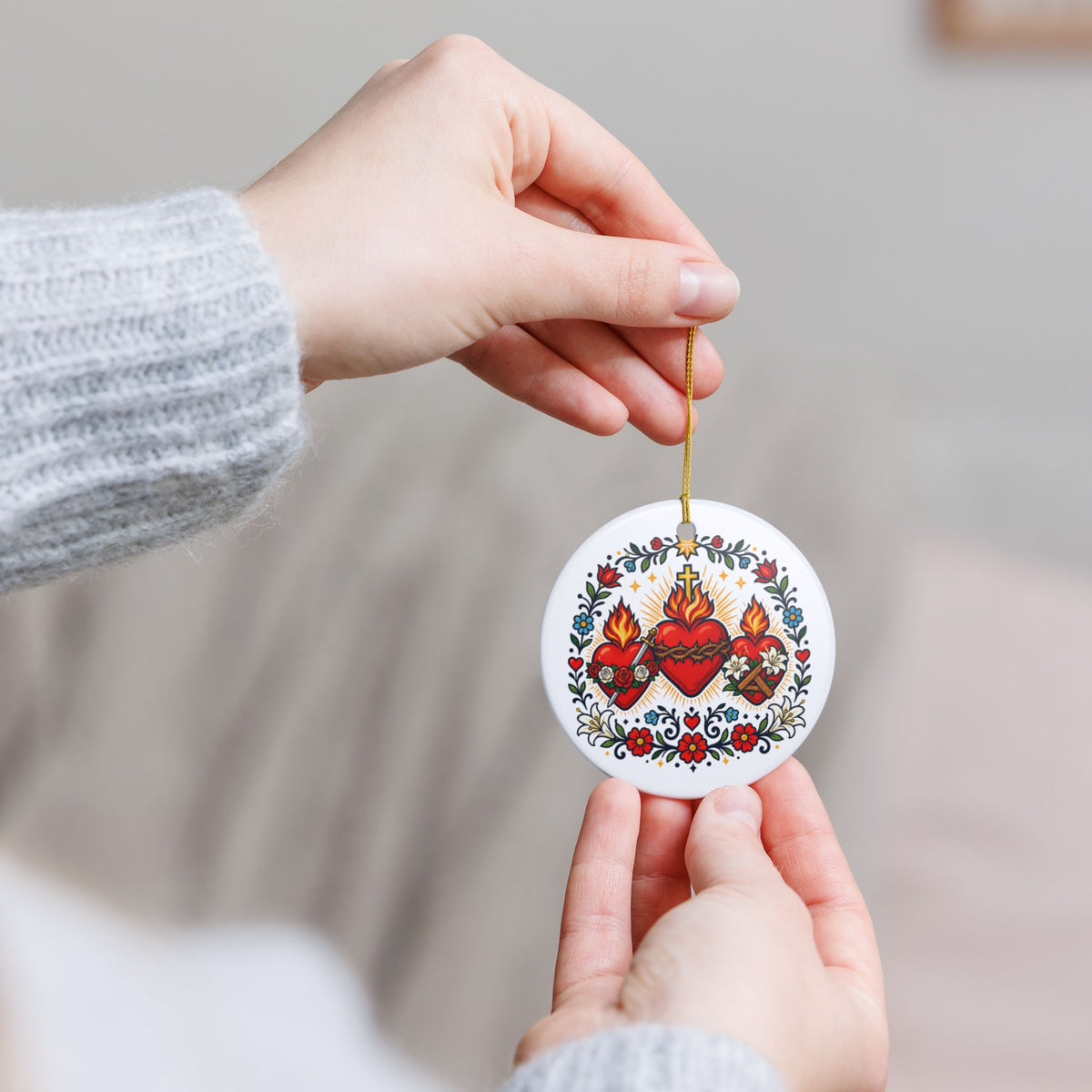 Three Hearts of the Holy Family Catholic Christmas Ornament