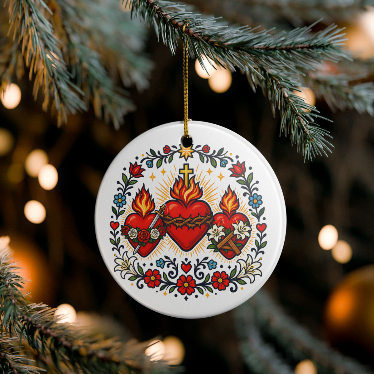 Three Hearts of the Holy Family Catholic Christmas Ornament