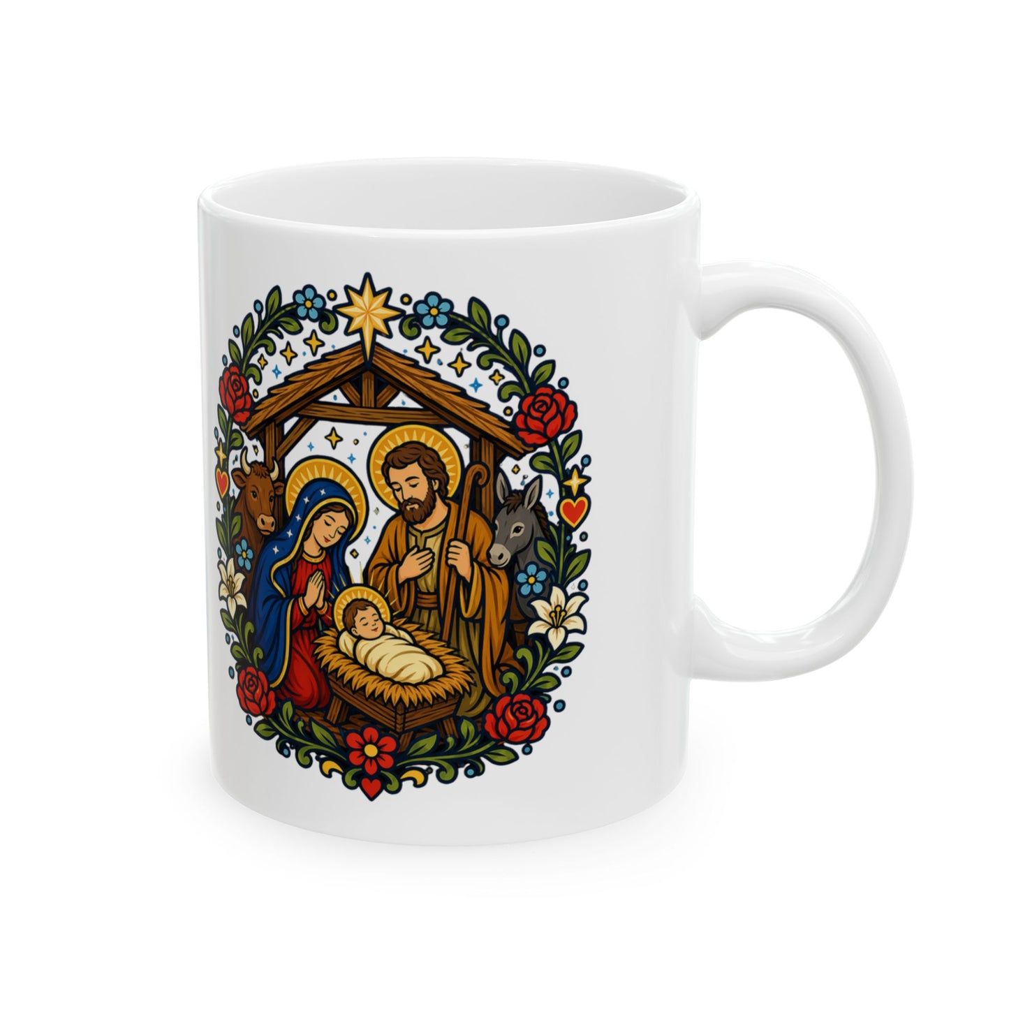 Nativity Scene Mug — "O Holy Night, Christ Is Born" Christmas Cup