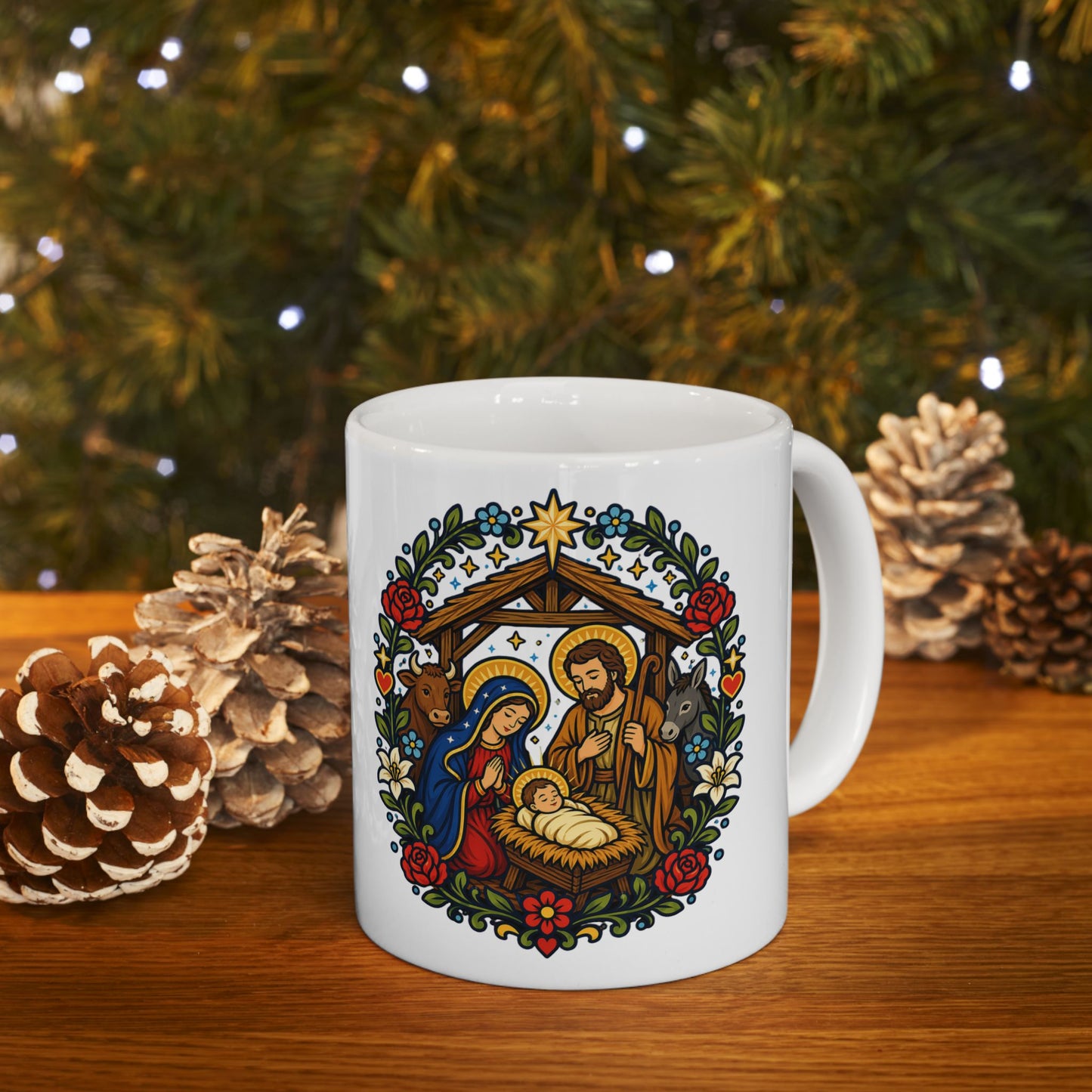 Nativity Scene Mug — "O Holy Night, Christ Is Born" Christmas Cup