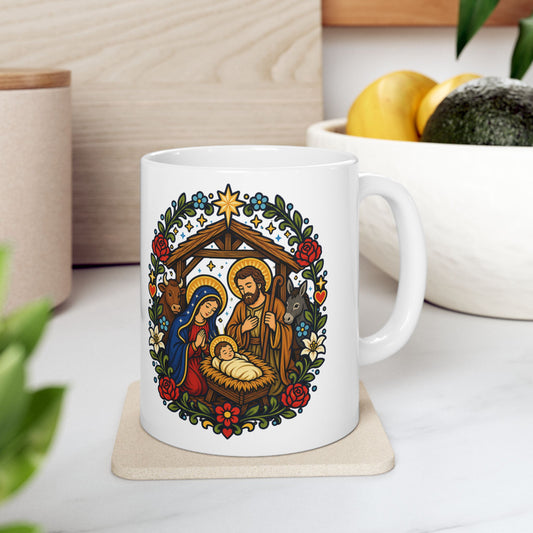 Nativity Scene Mug — "O Holy Night, Christ Is Born" Christmas Cup
